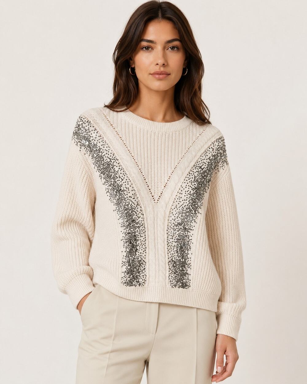 Max Mara Studio Lessy Crystal Embellished Wool Sweater Albino Size M - Picture 1 of 5